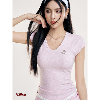 Liilou V-Neck Metal Logo Slim Top Pink