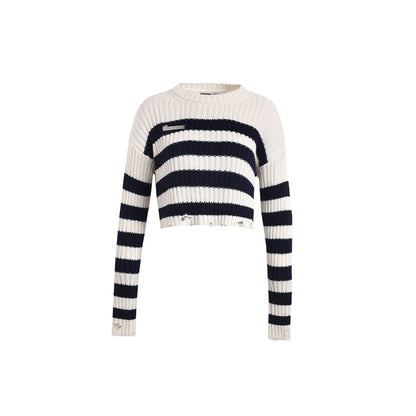 Wildshadow Color Blocked Striped Short Knit Sweater