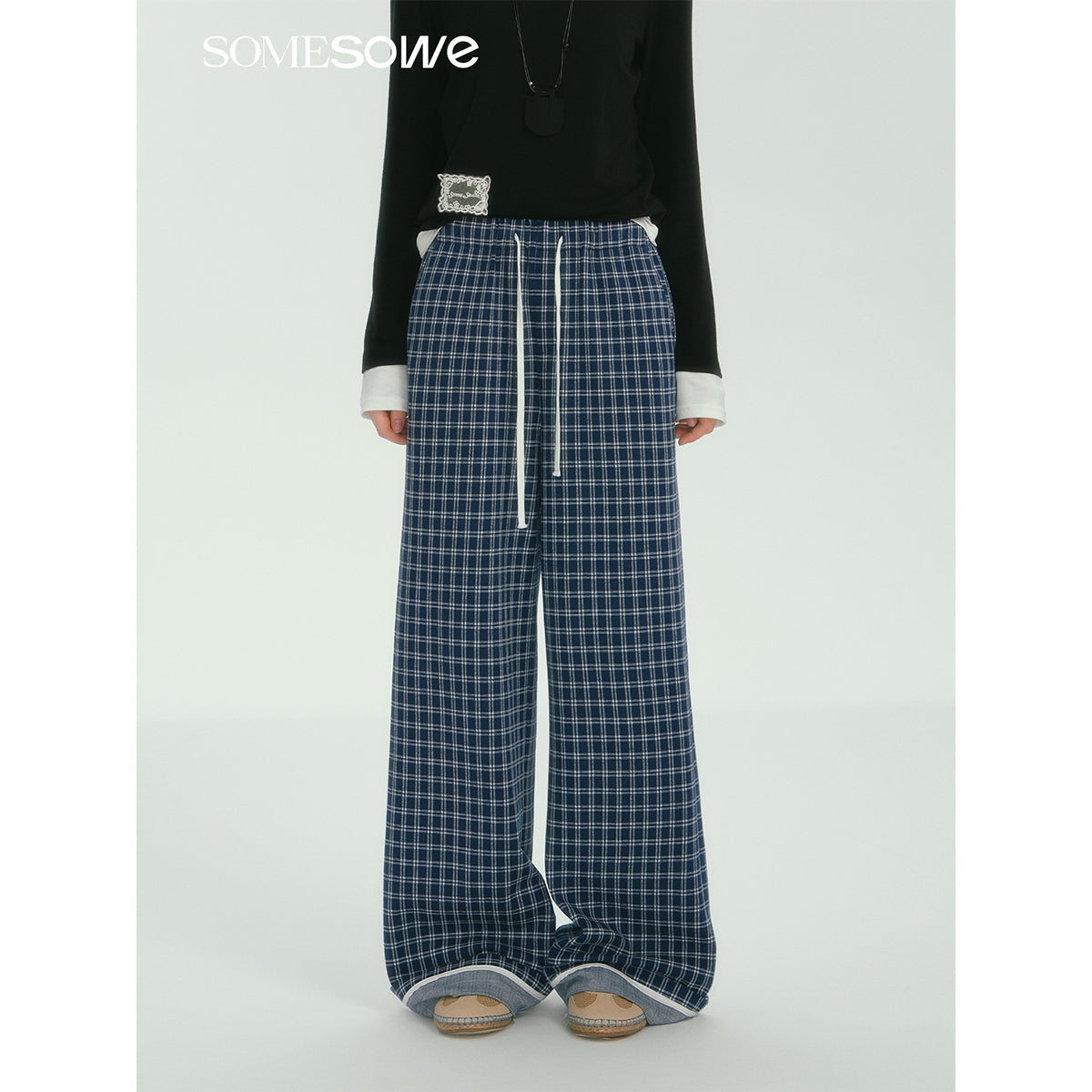 SomeSowe Plaid Drawstring Wide-Leg Pants Blue