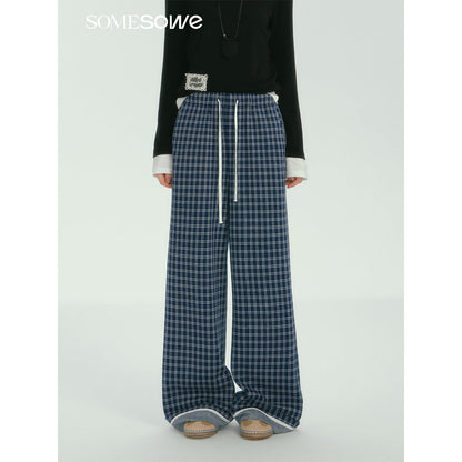 SomeSowe Plaid Drawstring Wide-Leg Pants Blue