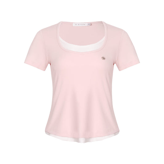 Kroche Fake-2-Piece Slim Fit Short Sleeved Top Pink