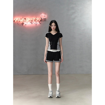 Via Pitti Lace Patchwork Rhinestone V-Neck Slim T-Shirt