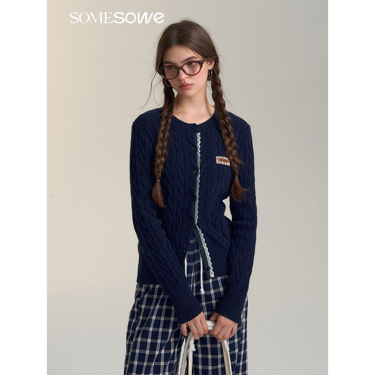 SomeSowe Lace Patchwork Twist Knit Cardigan Navy Blue