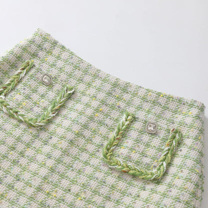 Three Quarters Checkered Pocket Tweed Skirt Green