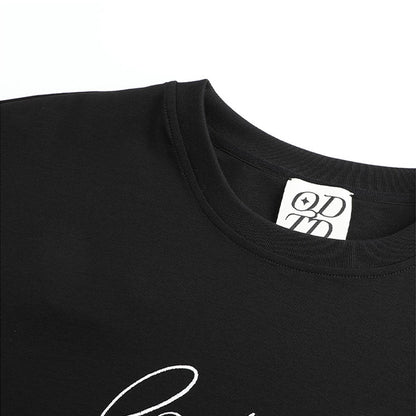 ODTD Embroidery Handwritten Slogan Logo Loose T-Shirt Black