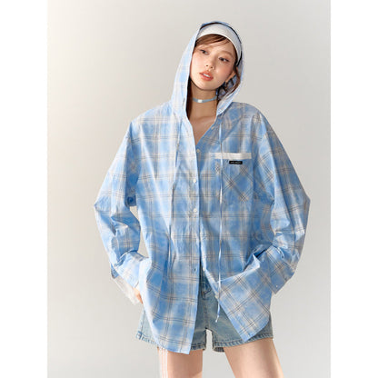 AsGony Plaid Patchwork Hooded Casual Shirt Blue