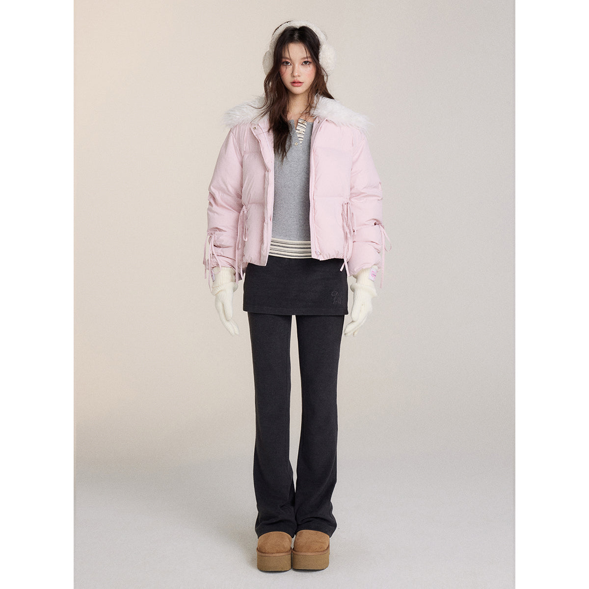 Via Pitti Bow Drawstring Fur Collar Down Jacket Light Pink