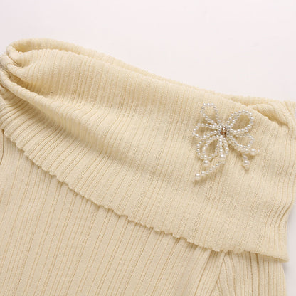 Wildshadow Off-Shoulder Drawstring Knit Top Cream