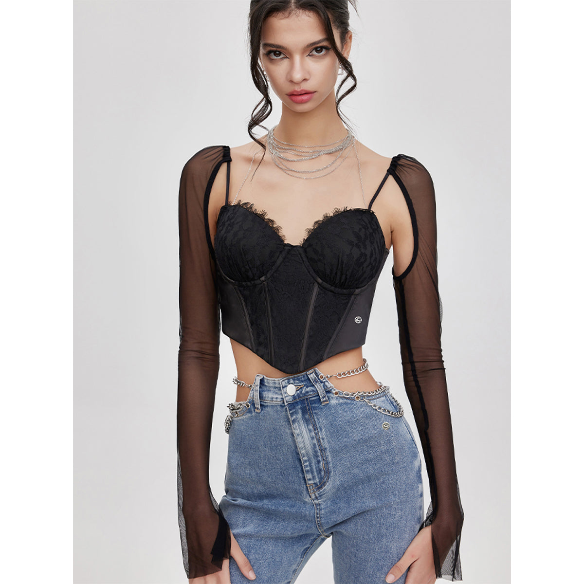 Sheer Luck Lace Patchwork Sling Top Black