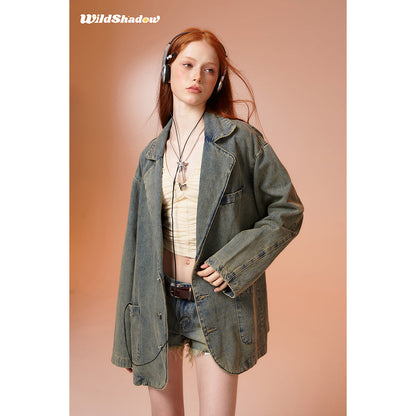 Wildshodow Metal Bow-Knot Washed Denim Jacket