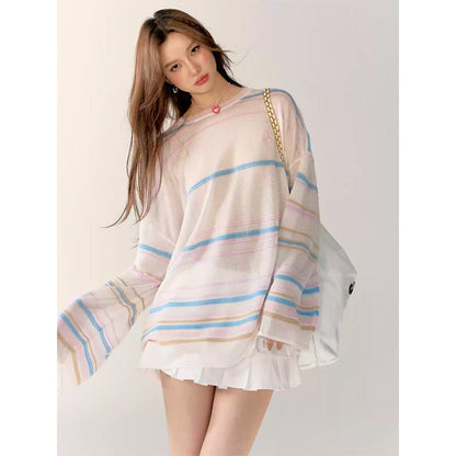 AsGony 3D Colorful Striped Casual L/S T-Shirt