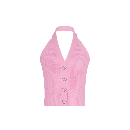 Three Quarters Heart Button Knit Halter Vest Pink