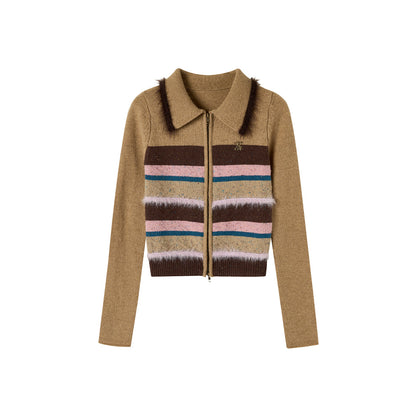 Via Pitti Fluffy Colour Striped Zip Up Woollen Top Camel