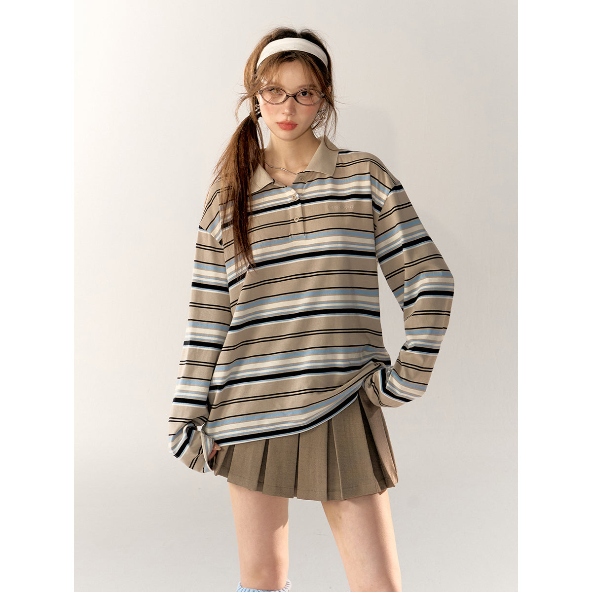 AsGony Striped Lapel Casual L/S T-Shirt Blue