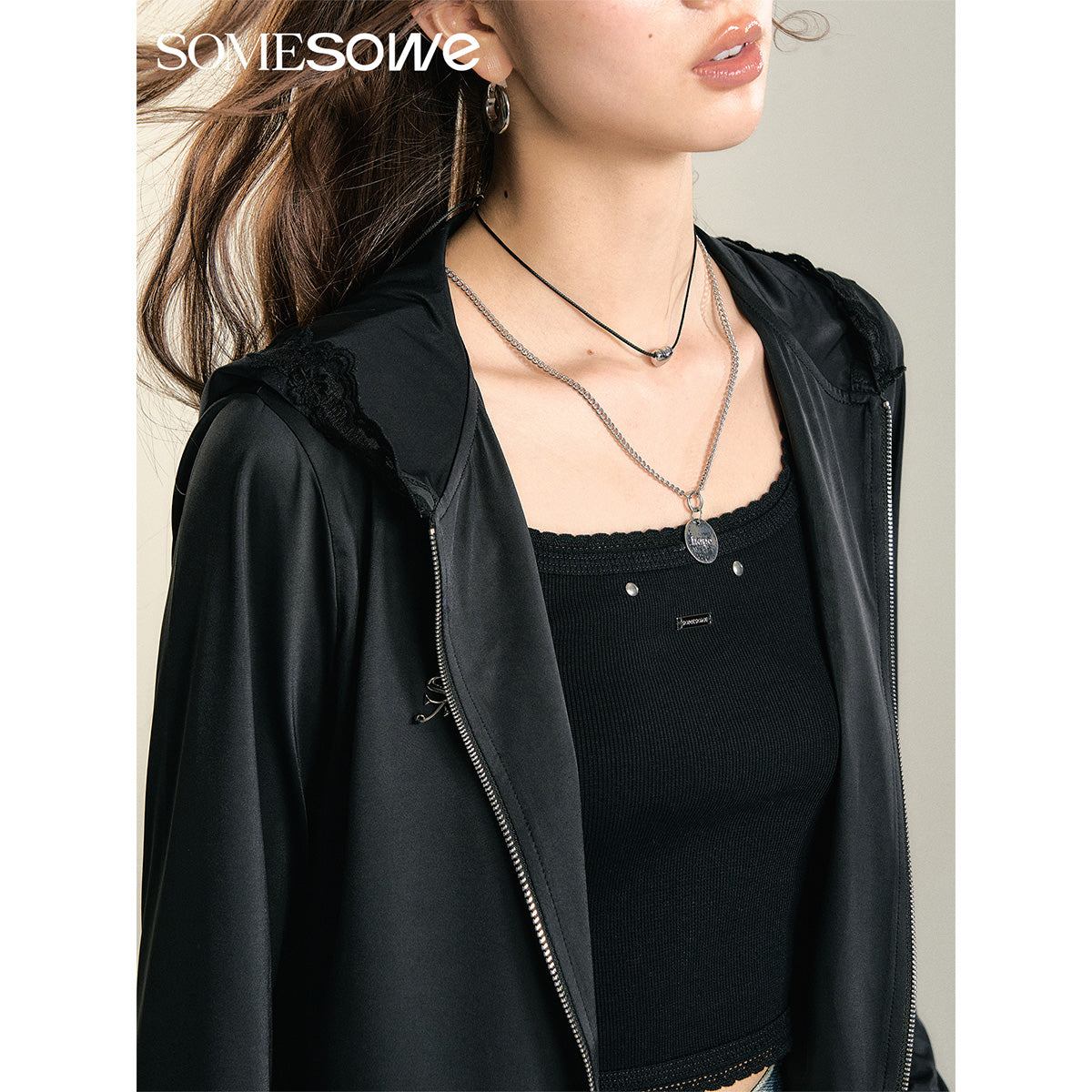 SomeSowe Lace Patchwork Hooded Jacket Black