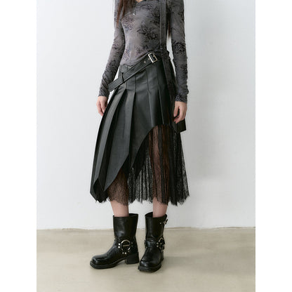 Via Pitti Irregular Lace Patchwork Leather Skirt Black