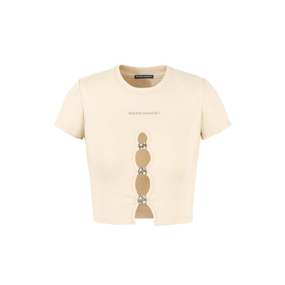 Weird Market Metal Logo Hollow-Out Knit Crop Top Beige