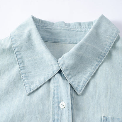 Three Quarters Embroidery Cropped Denim Shirt Blue