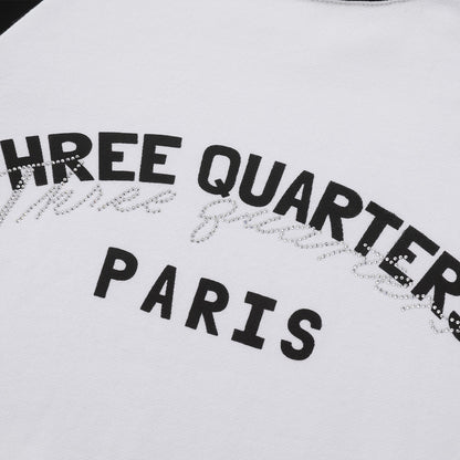 Three Quarters Rhinestone Printed Crew Neck Sweater Black