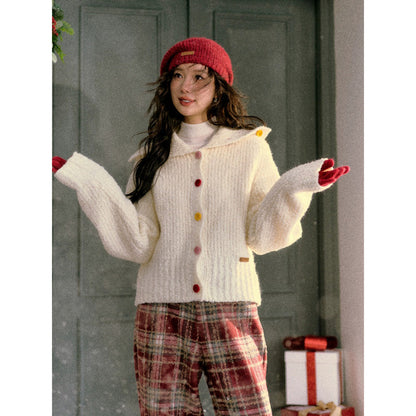 AsGony Cozy Lapel Collar Knit Cardigan White