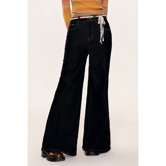 Kroche Retro Lace Belt High Waist Wide-Leg Jeans