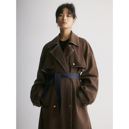 IFIK Color Blocked Long Denim Belt Coat Brown