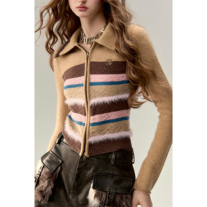 Via Pitti Fluffy Colour Striped Zip Up Woollen Top Camel