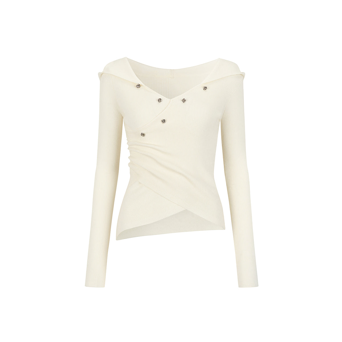 Via Pitti Irregular Button Hooded Woolen Top White