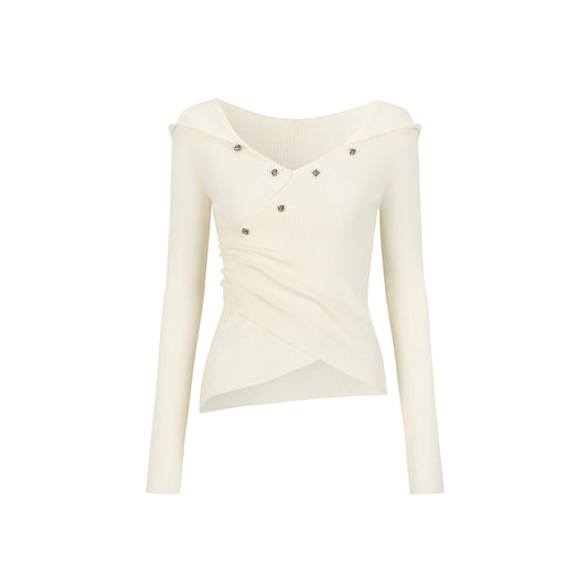 Via Pitti Irregular Button Hooded Woolen Top White