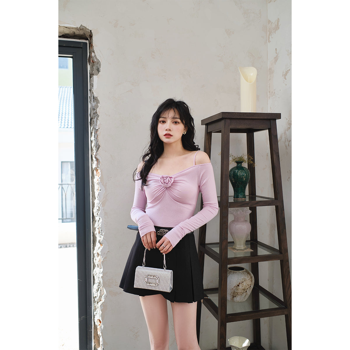 Three Quarters Plush Rose Slim Knit Sling Top Pink