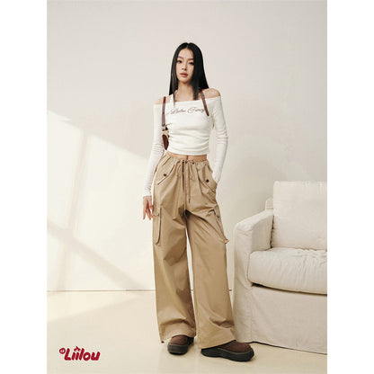 Liilou Vintage Pocket Drawstring Straight-Leg Cargo Pants