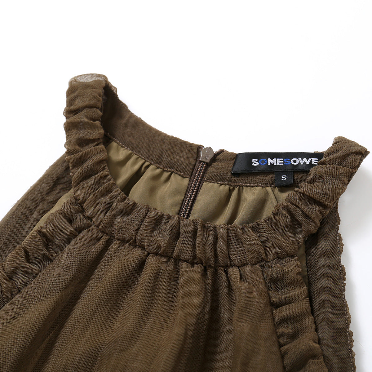 SomeSowe Pleated Texture Halter Dress Brown