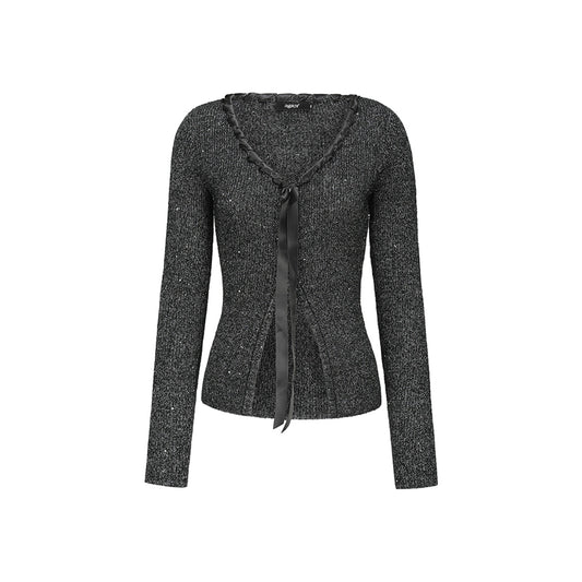 AGAM Ribbon Woolen Knit V-Neck Cardigan Black