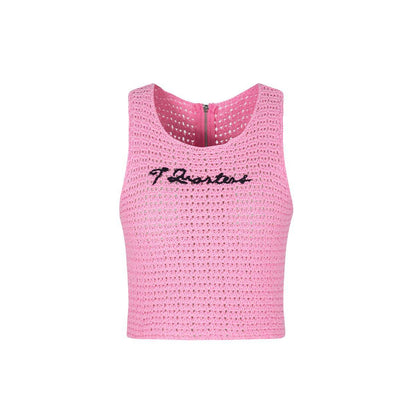 Three Quarters Logo Crochet Zip-Up Vest Top Pink