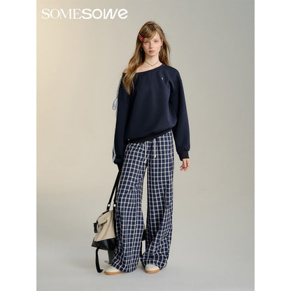 SomeSowe Drawstring Plaid Wide-Leg Pants Blue