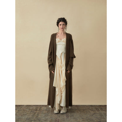 Elywood Brown Lapel Knit Long Coat