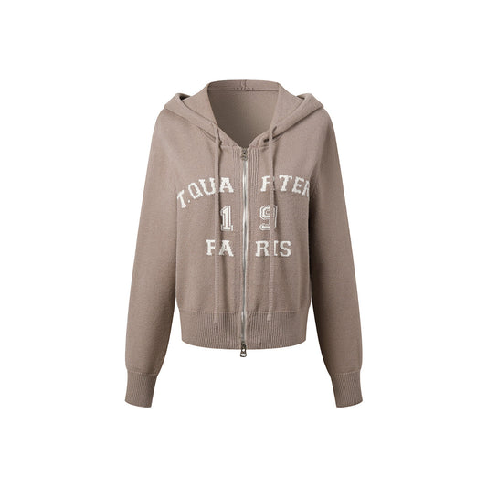 Three Quarters Letter Embroidery Hooded Jacket Brown