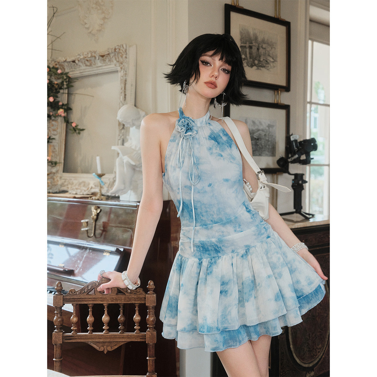 Eimismosol Rendering Ink Painted Flower Dress Blue