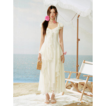 AsGony Ruffled Patchwork Slip Long Dress White