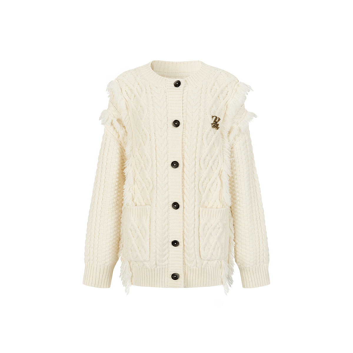 Via Pitti Heavy Twist Metal Logo Knit Cardigan Beige