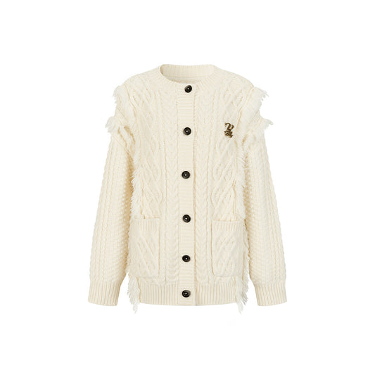 Via Pitti Heavy Twist Metal Logo Knit Cardigan Beige