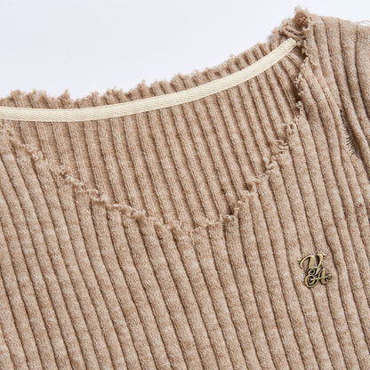 Via Pitti Destroy Edge Cutting V-Neck Sweater Khaki