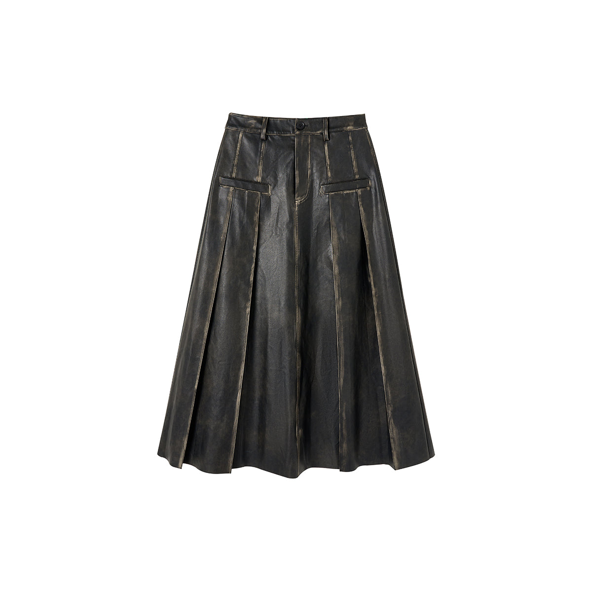 Via Pitti Brush-Off Leather Pleated Long Skirt Black