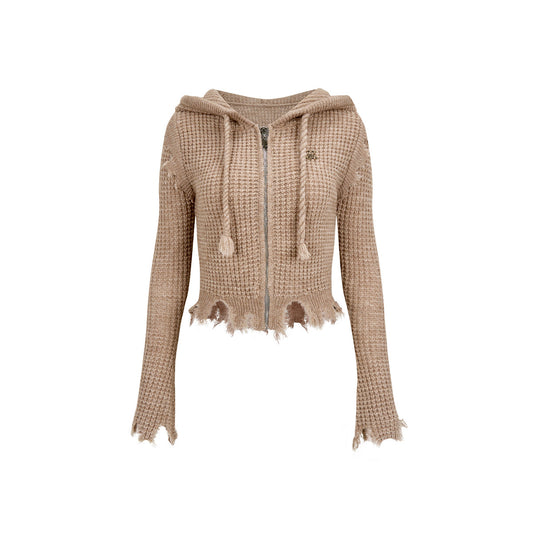 Via Pitti Destroy Cutting Waffle Knit Cardigan Khaki