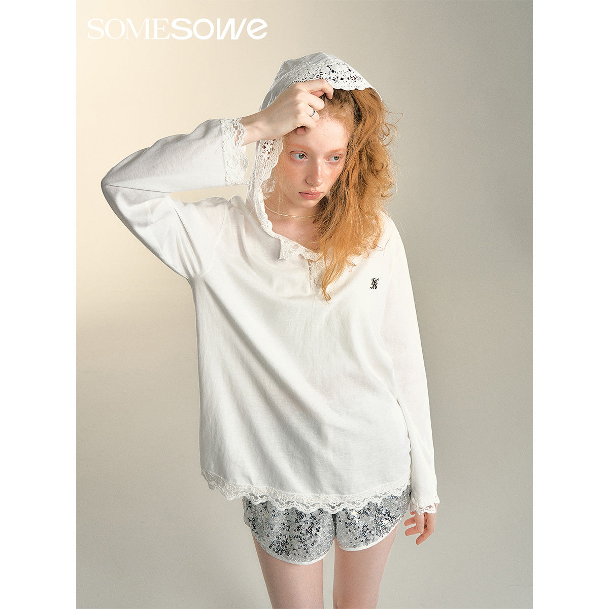 SomeSowe Lace Hooded Collar Cool Long Sleeve Top