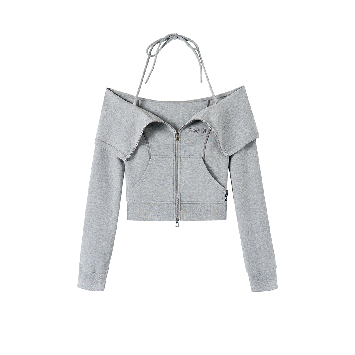 Via Pitti Lapel Zip-Up Strap Sweat Top Grey