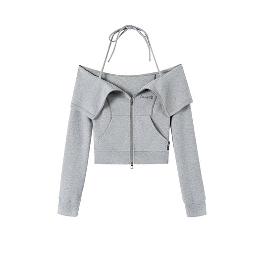 Via Pitti Lapel Zip-Up Strap Sweat Top Grey