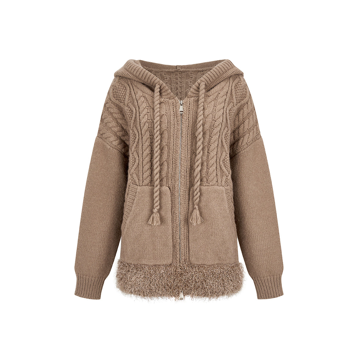 Via Pitti Fuzzy Edge Hooded Twist Knit Zipped Cardigan Brown