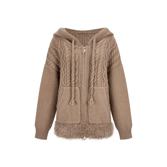 Via Pitti Fuzzy Edge Hooded Twist Knit Zipped Cardigan Brown