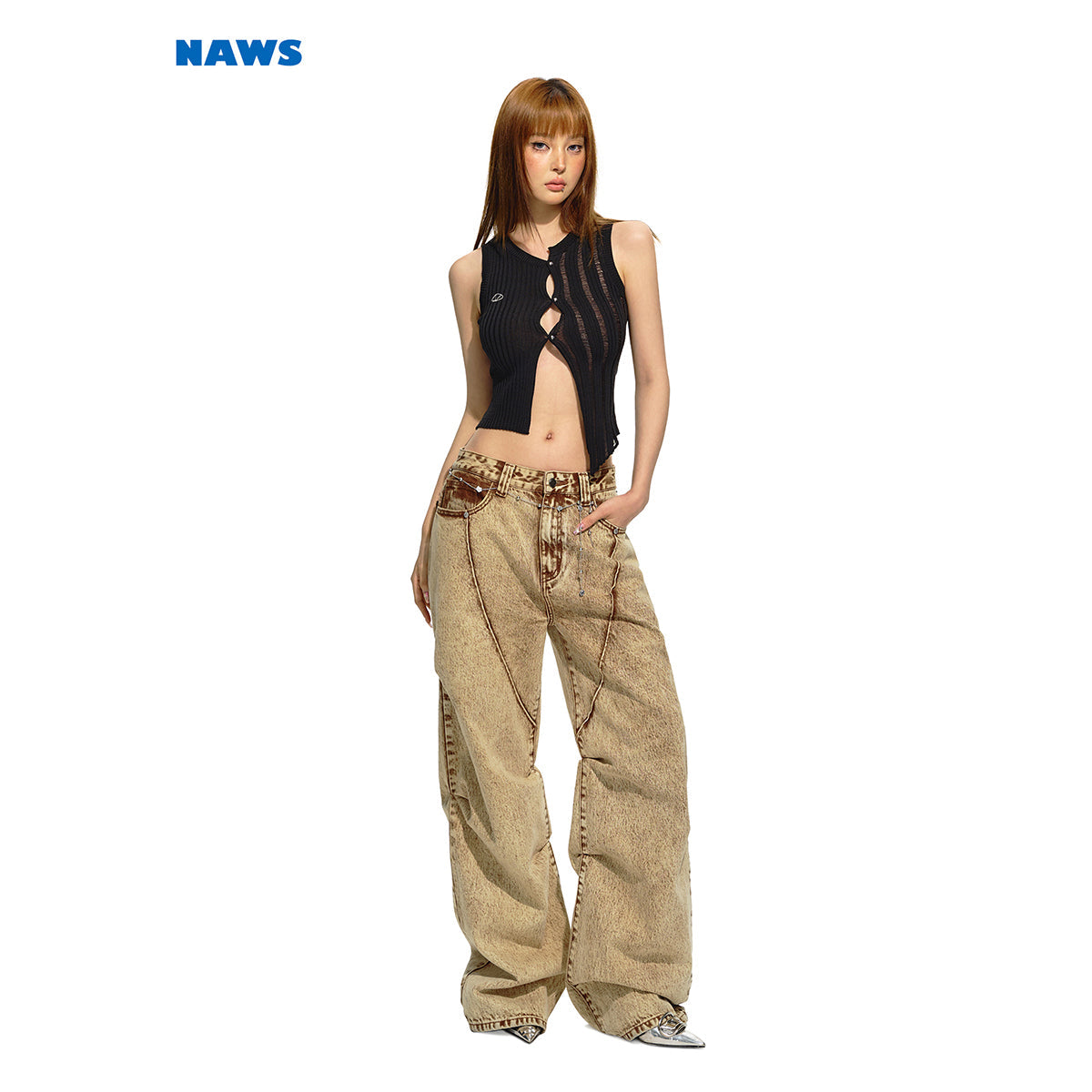 NAWS Heavy Washed Vintage Pleated Wide-Leg Jeans